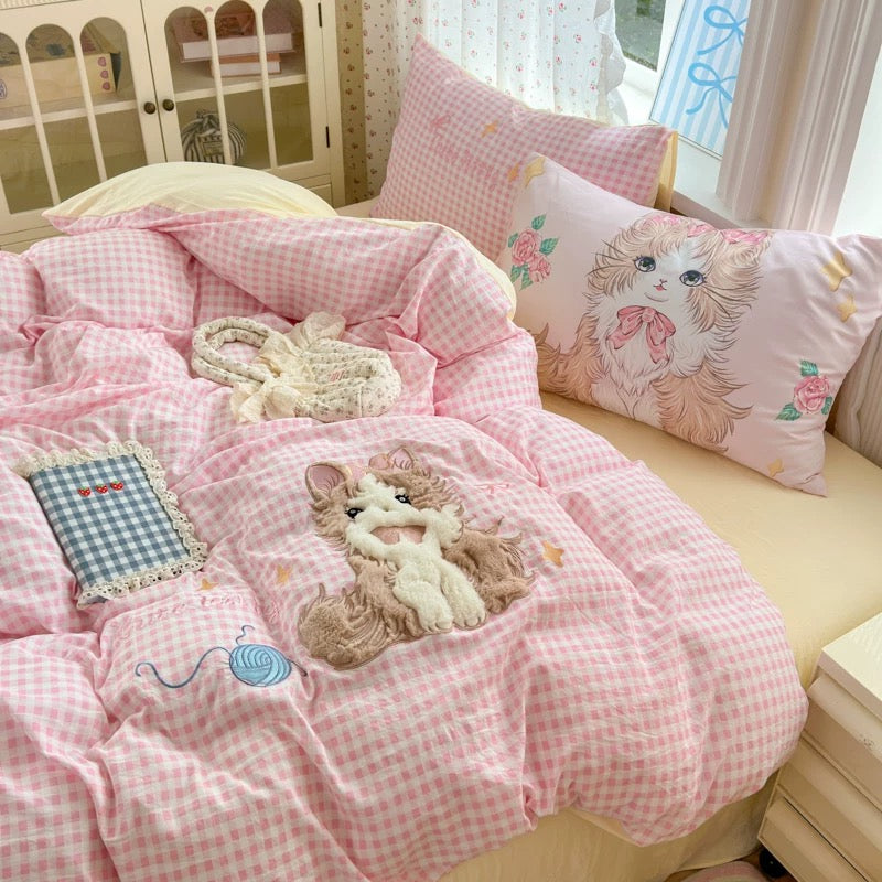 Cute Kitty Pink Gingham Bedding Set