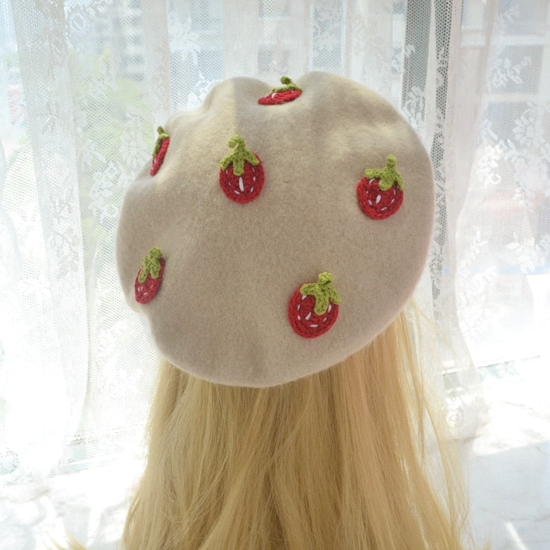 Kawaii Berets (21 styles) Beige With Strawberries
