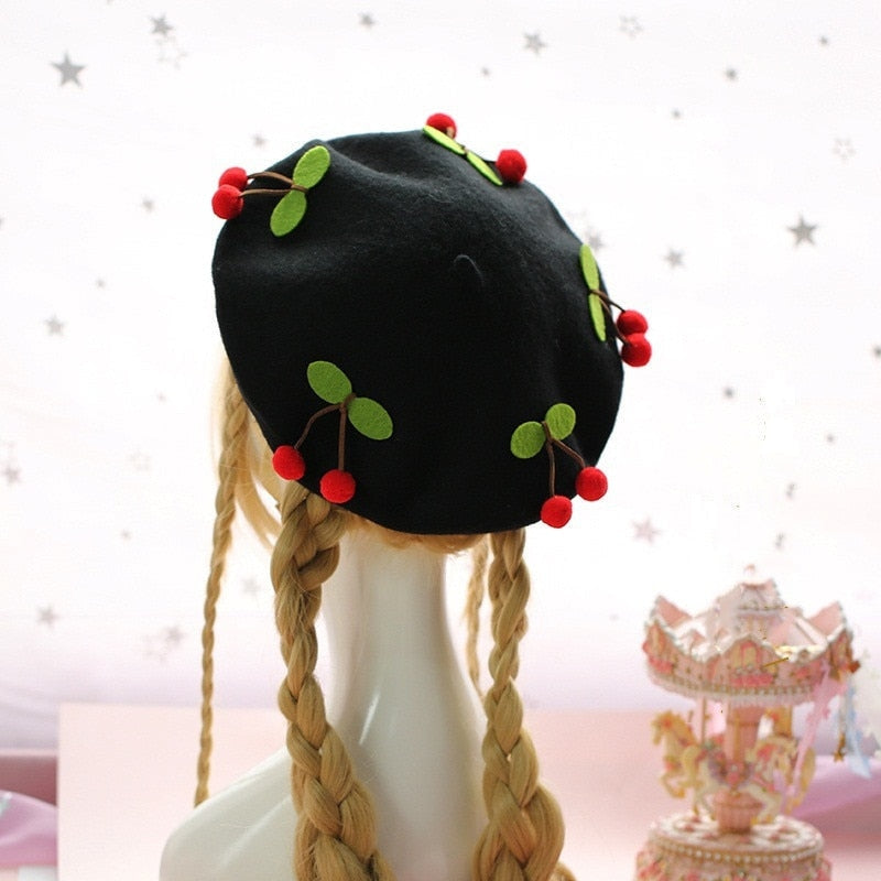 Kawaii Berets (21 styles) Black With Cherries