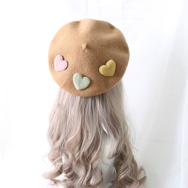 Kawaii Berets (21 styles) Brown With Hearts