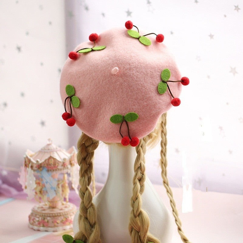Kawaii Berets (21 styles) Pink With Cherries