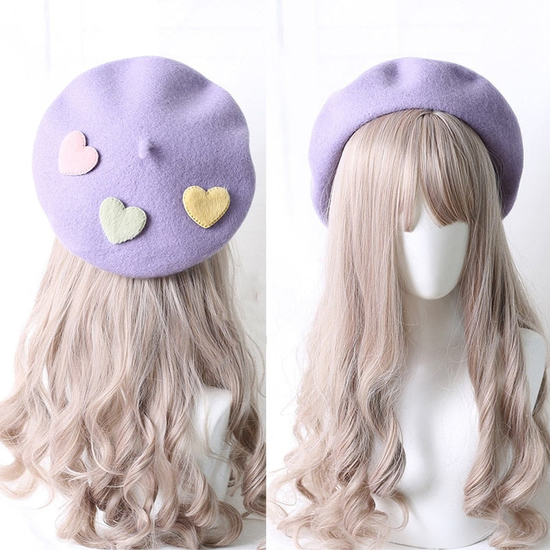 Kawaii Berets (21 styles) Purple With Hearts