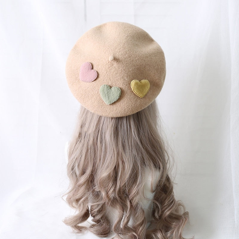 Kawaii Berets (21 styles) Taupe With Hearts