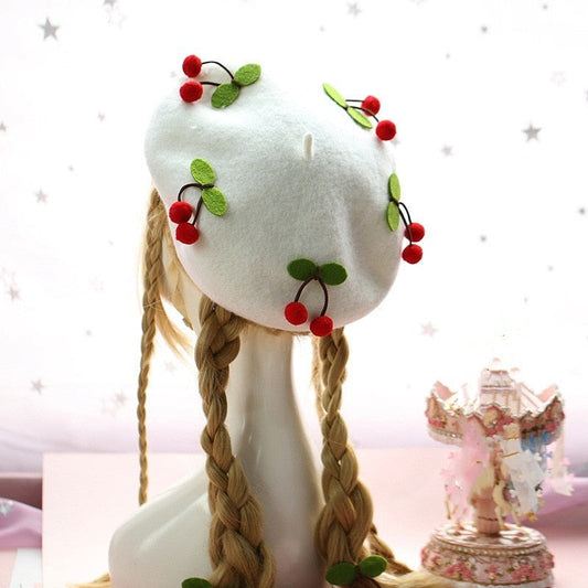 Kawaii Berets (21 styles) White With Cherries