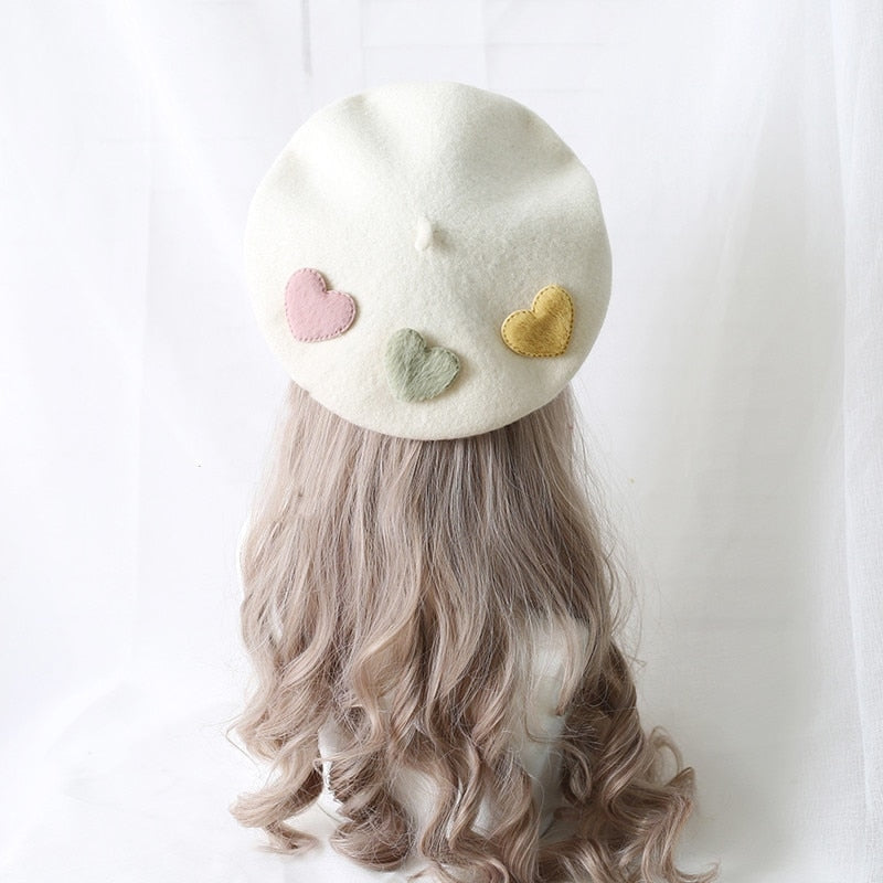 Kawaii Berets (21 styles) White With Hearts