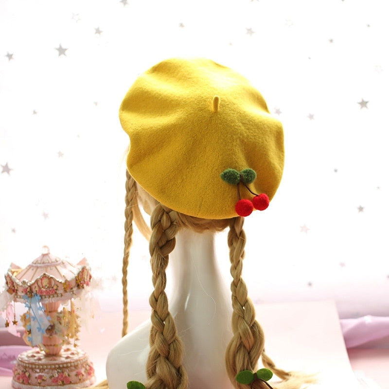 Kawaii Berets (21 styles) Yellow Single Cherry