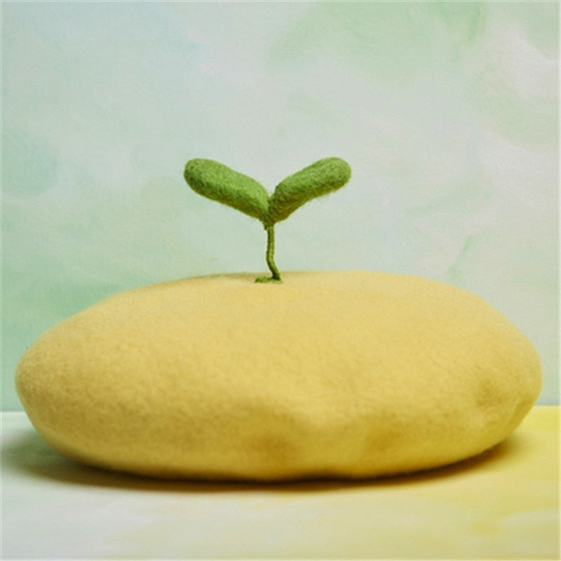 Kawaii Berets (21 styles) Yellow With A Sprout
