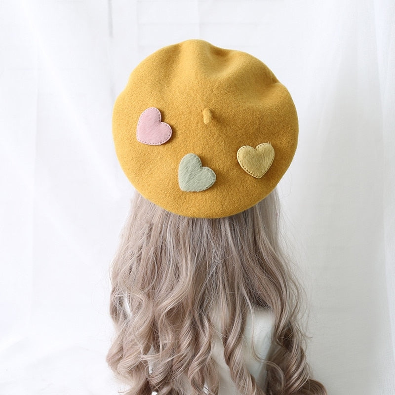 Kawaii Berets (21 styles) Yellow With Hearts