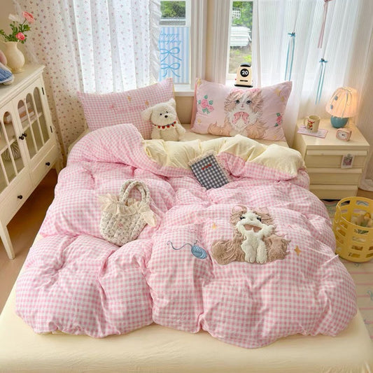 Cute Kitty Pink Gingham Bedding Set
