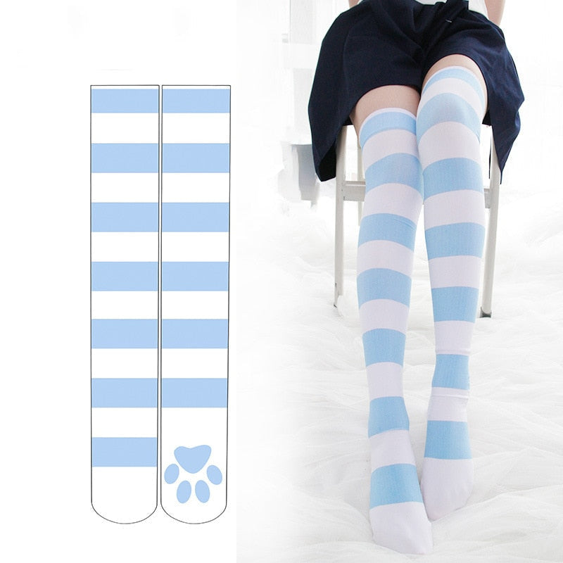 Kitten Paw Striped Socks Blue
