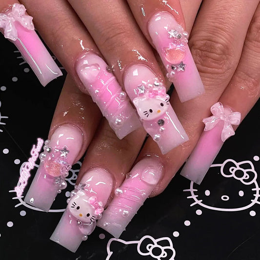Kitty Square Long 3D Press On Nails
