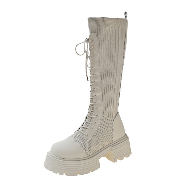 Knit Platform Knee High Boots Beige