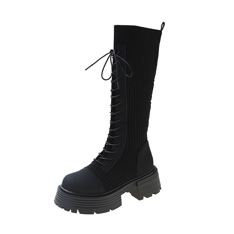 Knit Platform Knee High Boots Black
