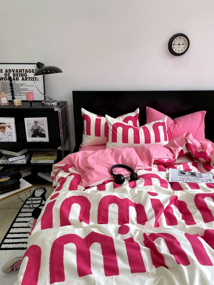 Korean Pink Letter Bedding Set Pink