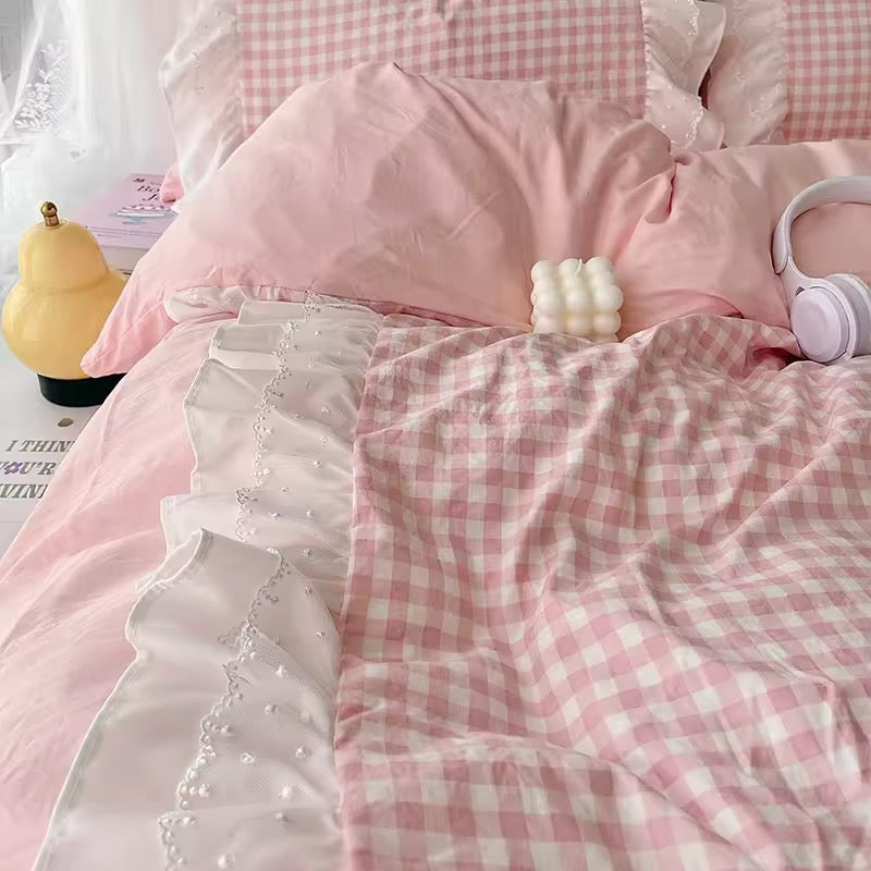 Gingham Lace Ruffle Bedding Set