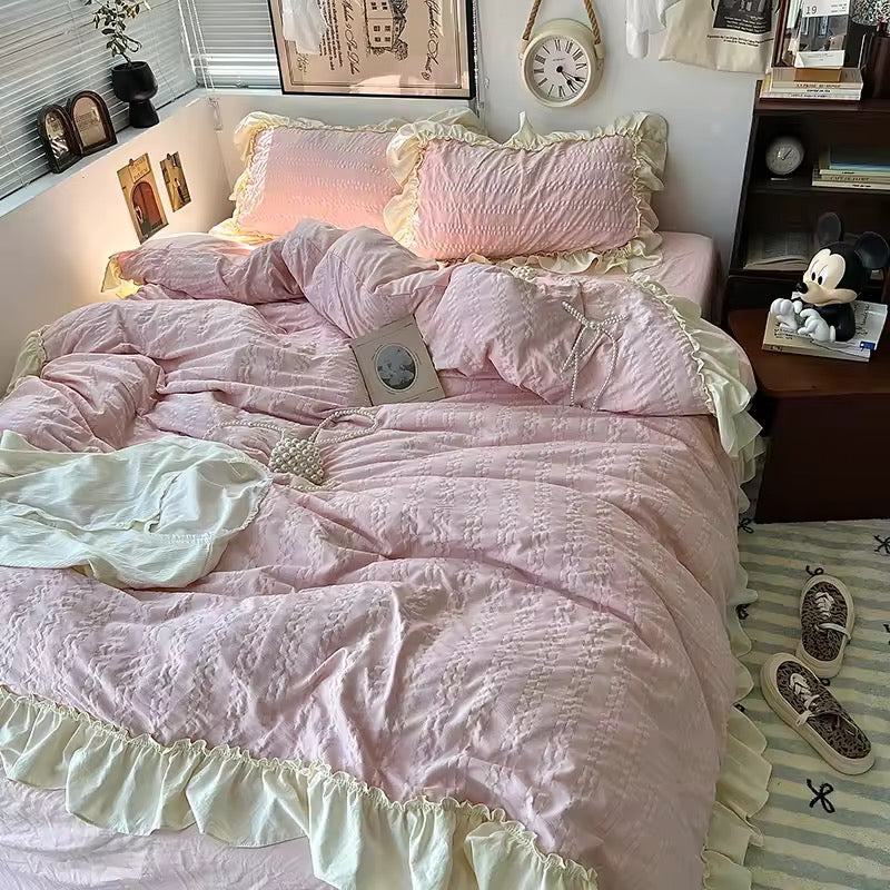 Korean Princess Ruffle Bedding Set Pink