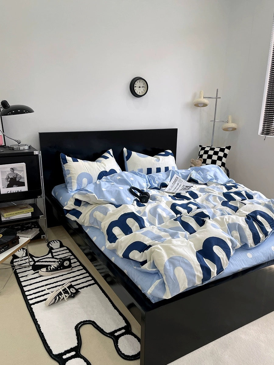 Korean Pink Letter Bedding Set Blue