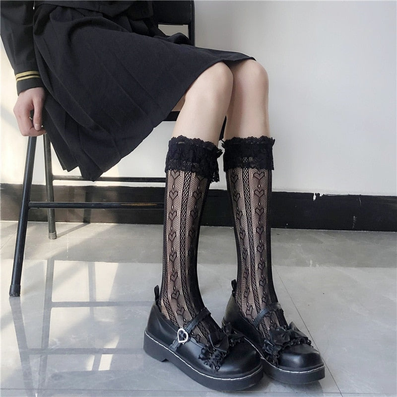 Lace Heart & Ribbon Stockings Black Heart Lace