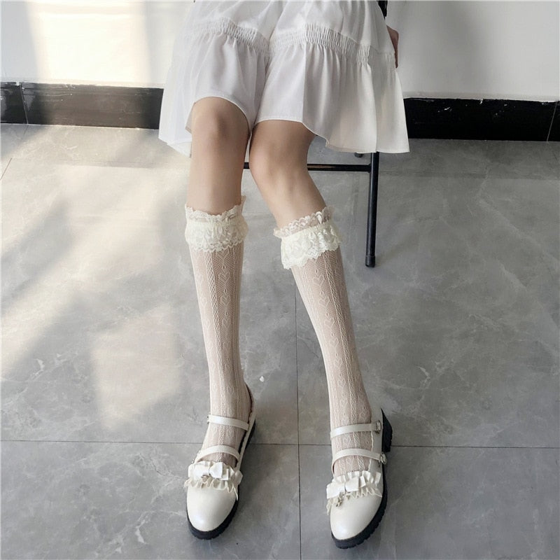 Lace Heart & Ribbon Stockings Cream Heart Lace