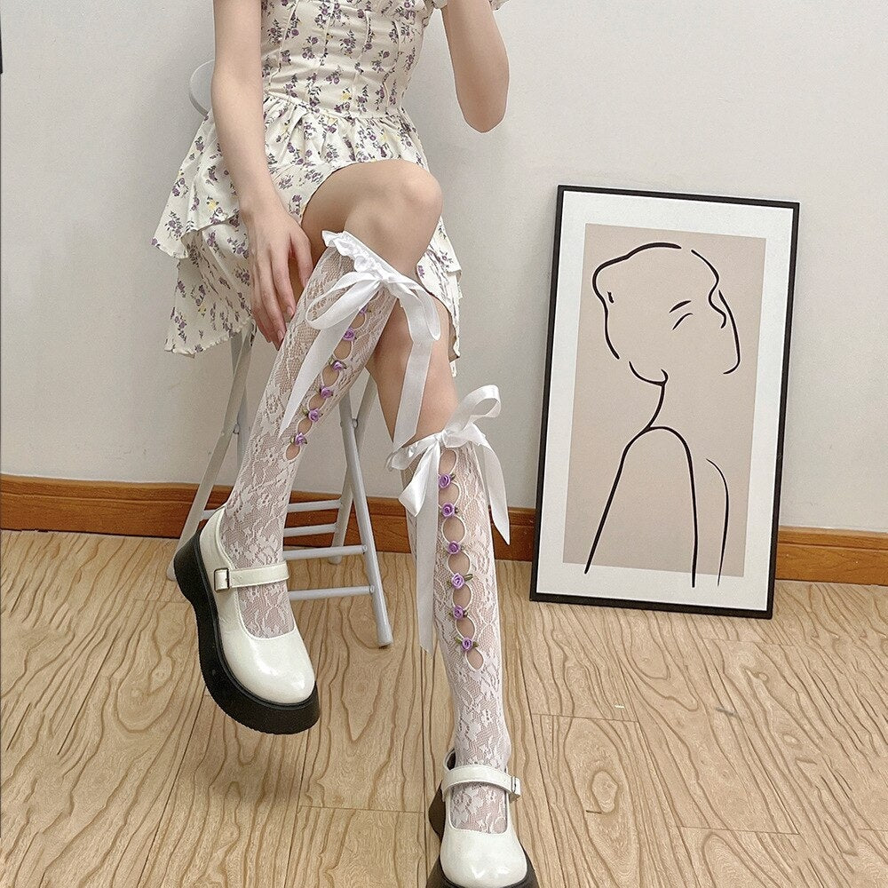 Lace Ribbon & Rosebud Stockings