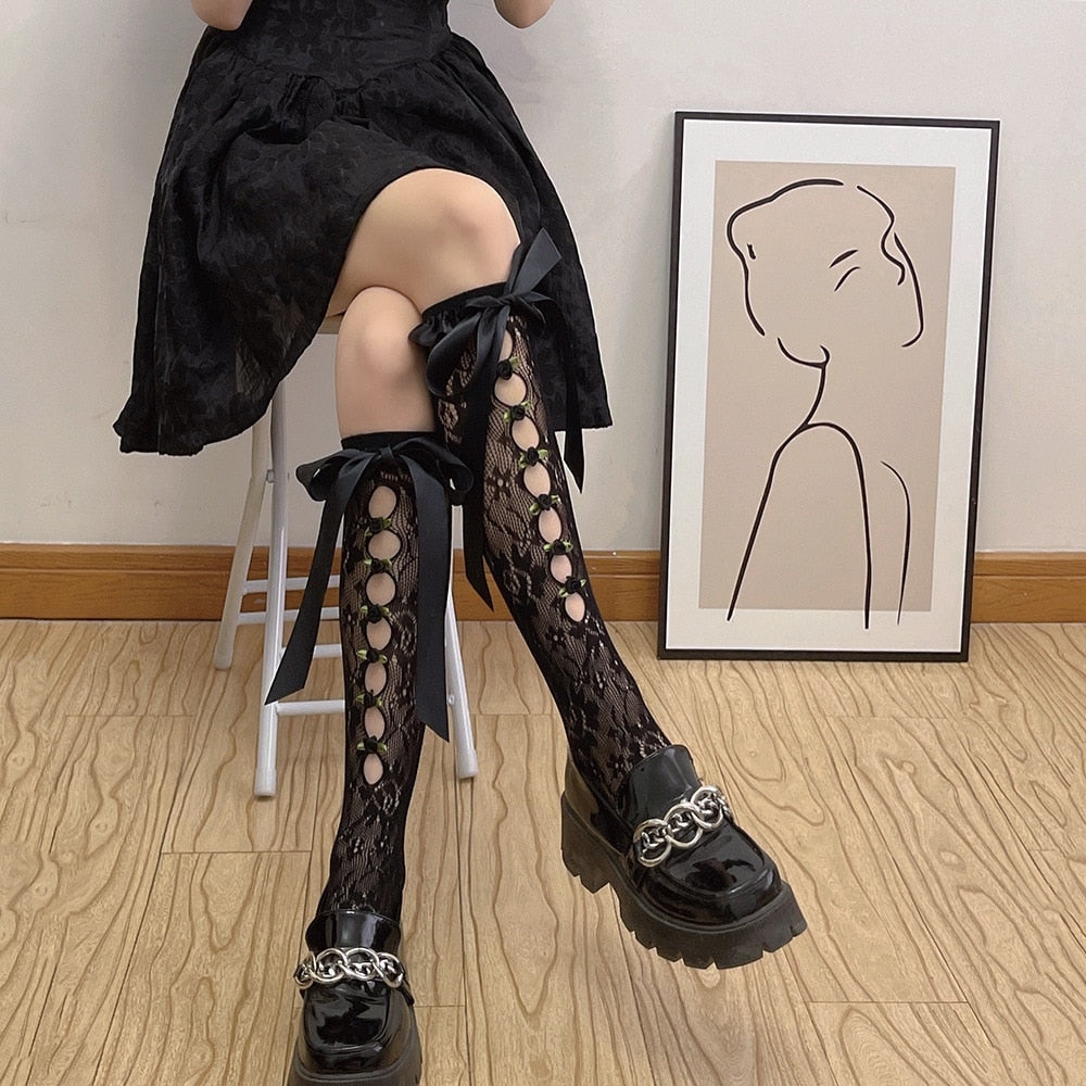 Lace Ribbon & Rosebud Stockings Black Lace Front Black Rosebuds