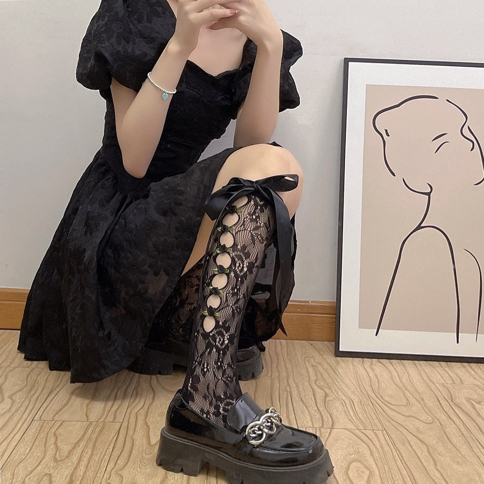 Lace Ribbon & Rosebud Stockings Black Lace Side Black Rosebuds