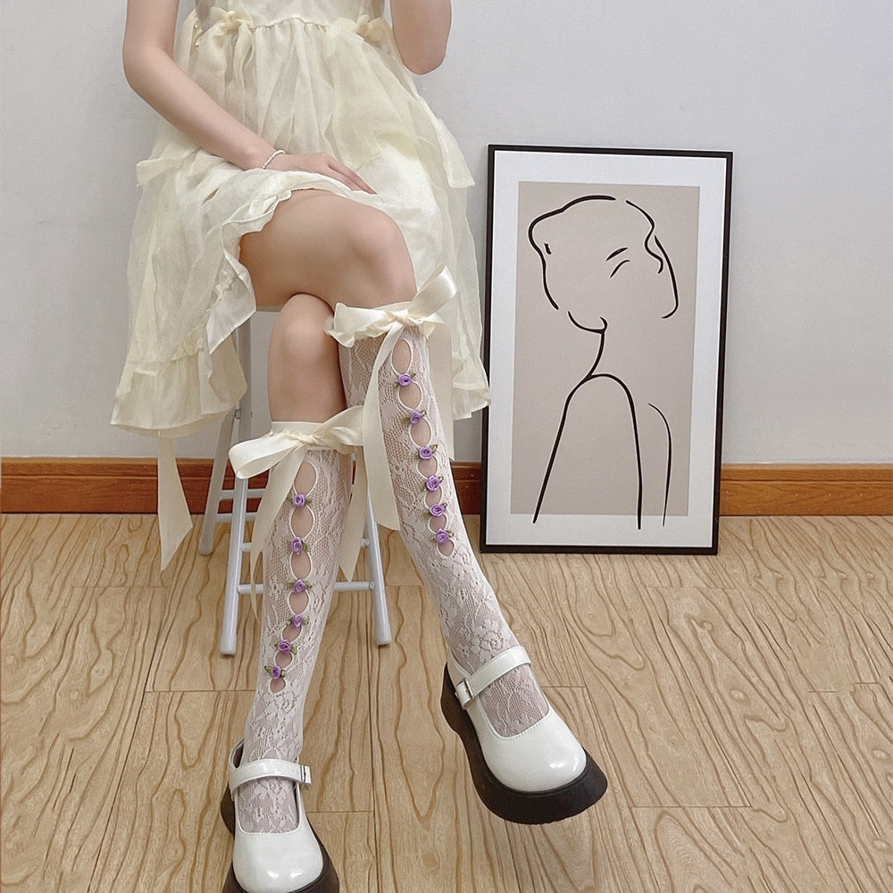 Lace Ribbon & Rosebud Stockings Cream Bow Front Purple Rosebuds