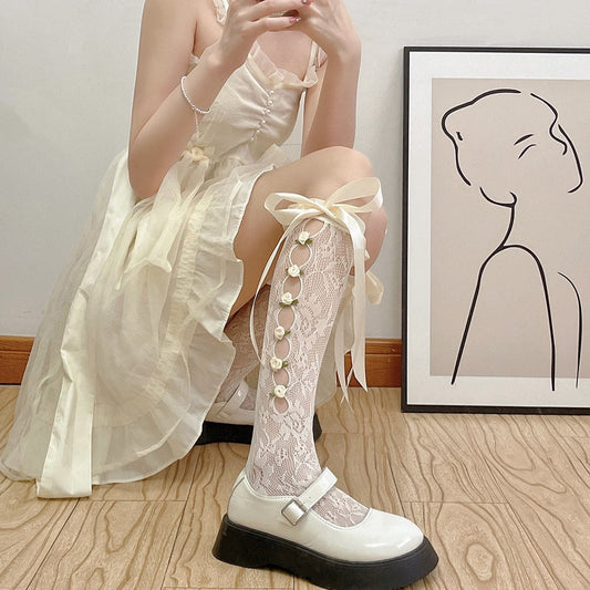Lace Ribbon & Rosebud Stockings Cream Bow Side White Rosebuds