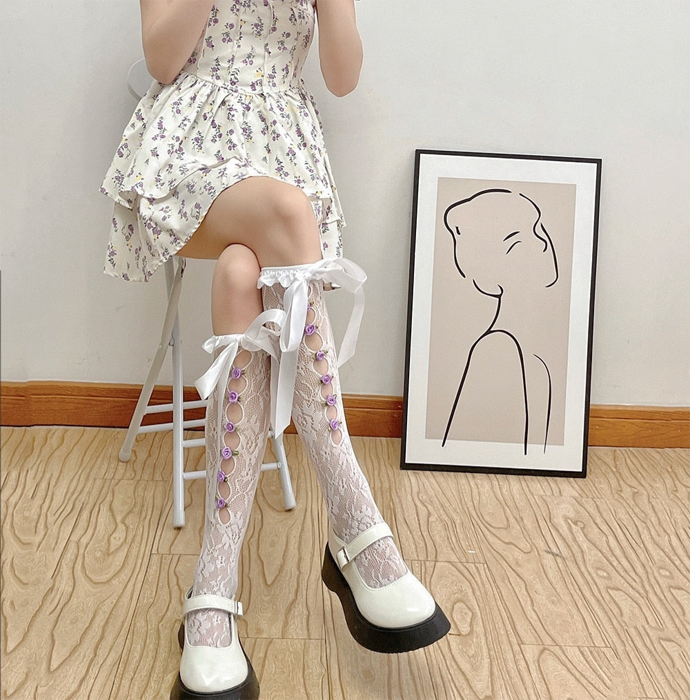Lace Ribbon & Rosebud Stockings White Bow Front Purple Rosebuds