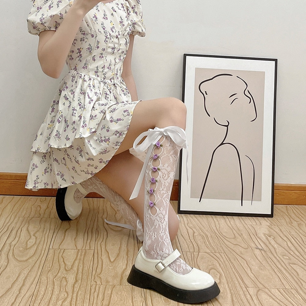 Lace Ribbon & Rosebud Stockings White Bow Side Purple Rosebuds