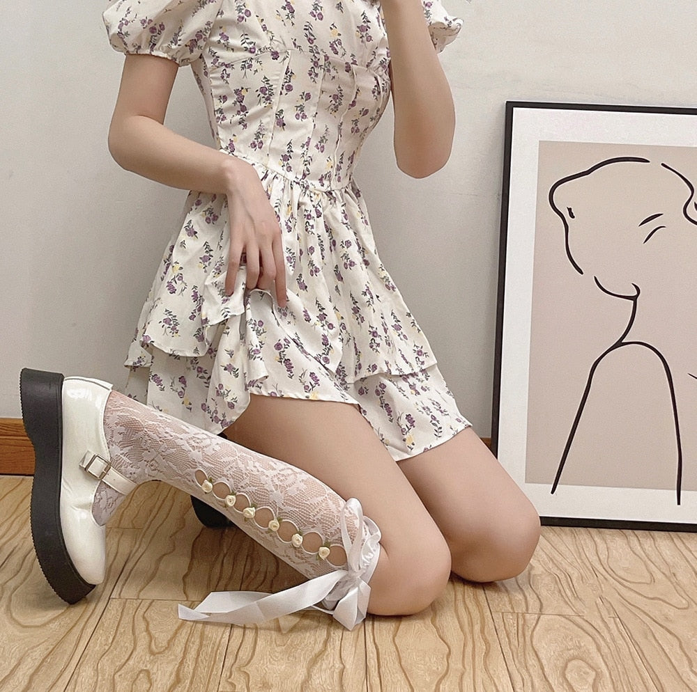 Lace Ribbon & Rosebud Stockings White Bow Side White Rosebuds