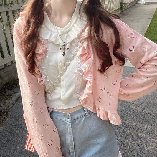 Ruffled Heart Cardigan Pink