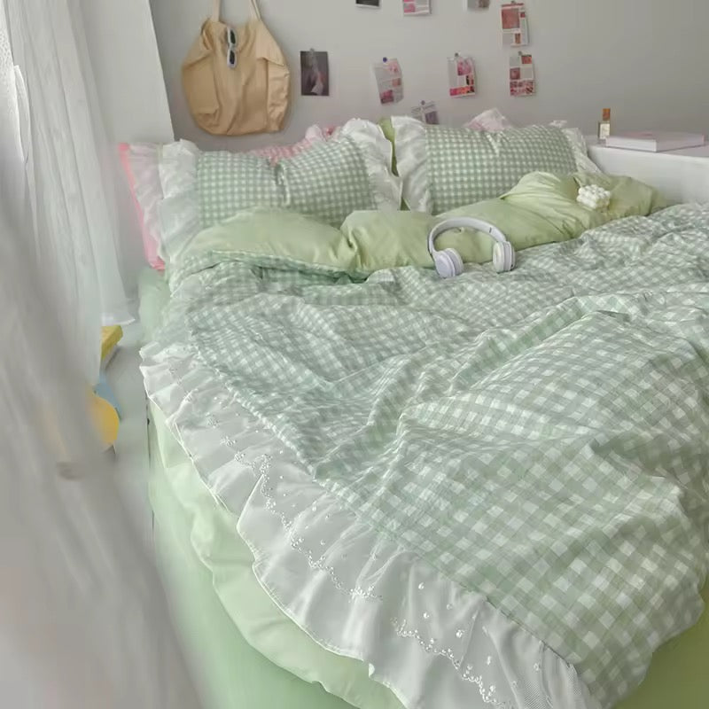 Gingham Lace Ruffle Bedding Set Green