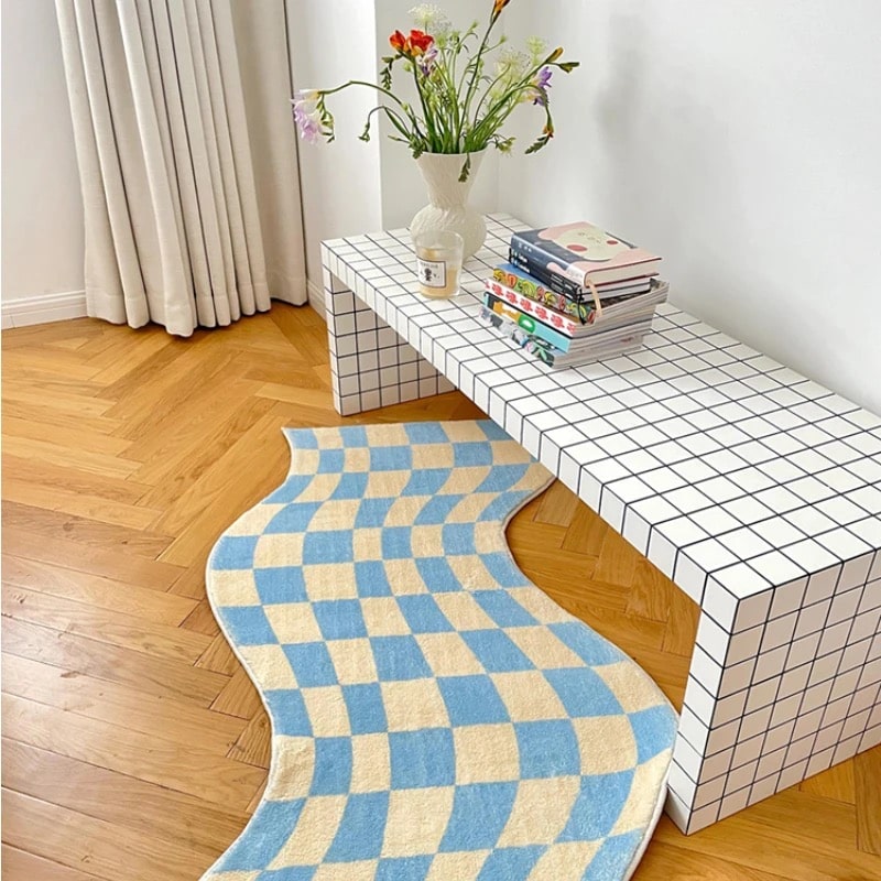 Curvy Edge Pastel Checker Rug Blue 21.6x55in (55x140cm)