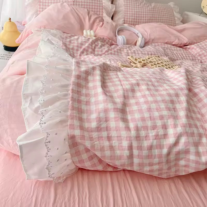 Gingham Lace Ruffle Bedding Set