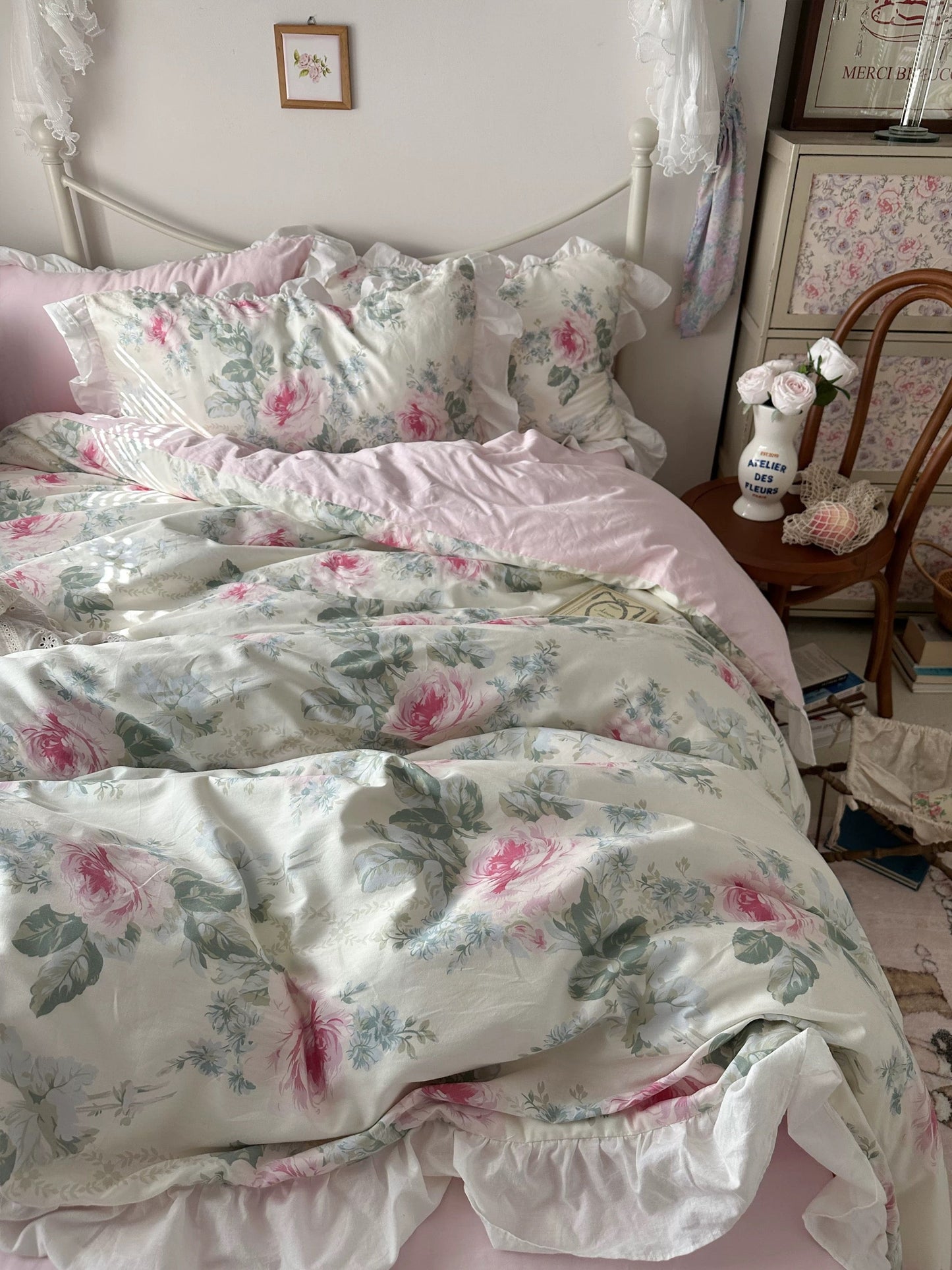 Pink Floral Ruffle Cotton Bedding Set