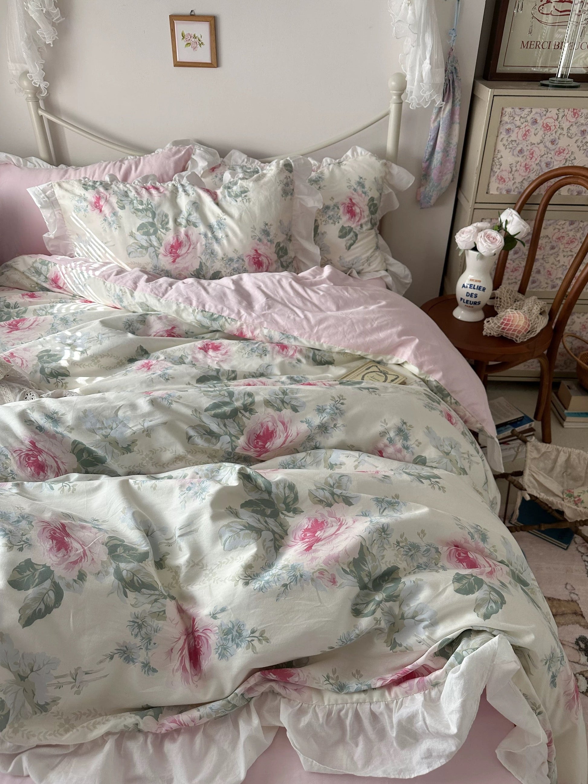 Pink Floral Ruffle Cotton Bedding Set