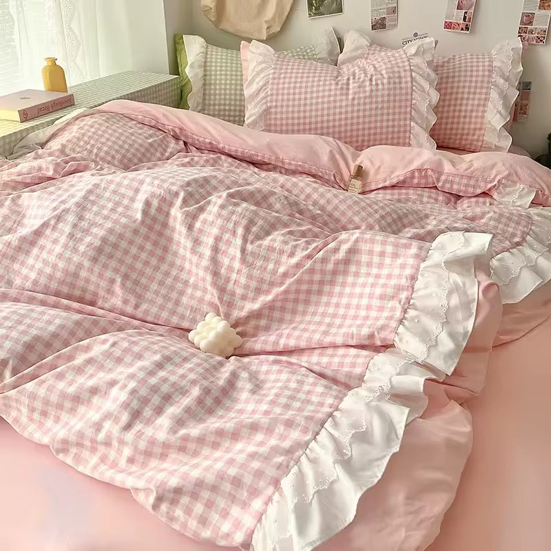 Gingham Lace Ruffle Bedding Set
