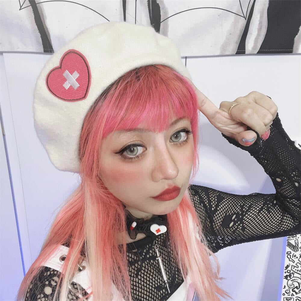 Pink Menhera Nurse Beret White Cross