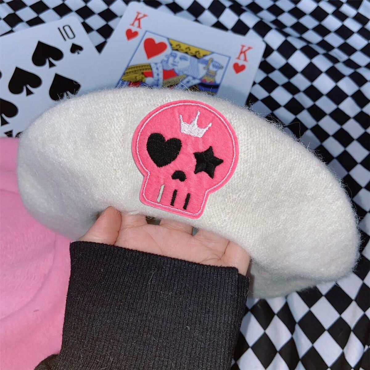 Pink Menhera Nurse Beret White Skull