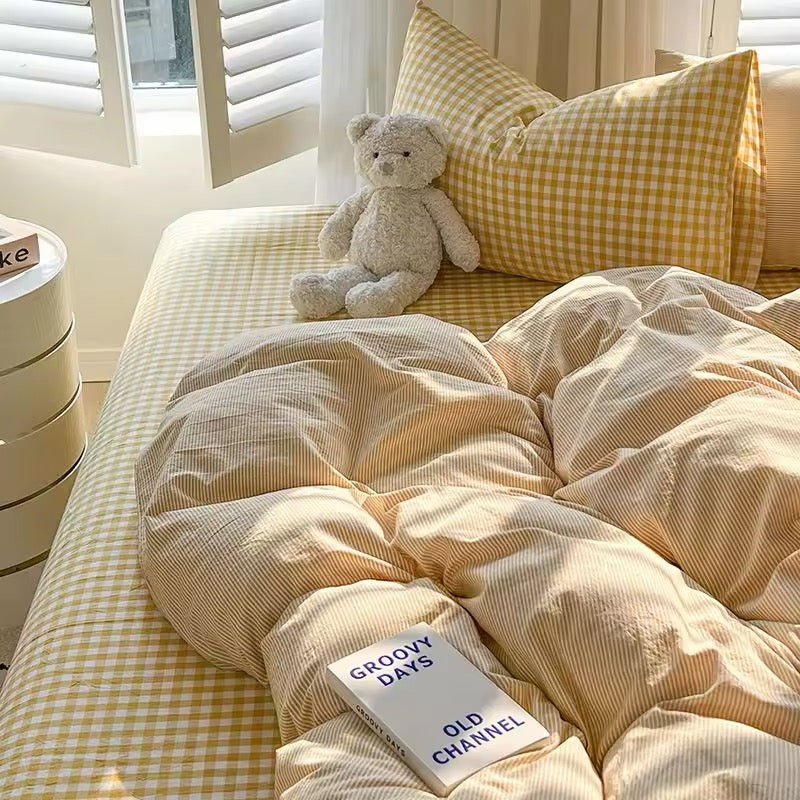 Cozy Pink Plaid Bedding Set Yellow