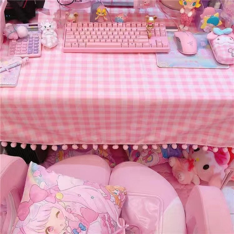 Pink Plaid Pompom Desk Tablecloth