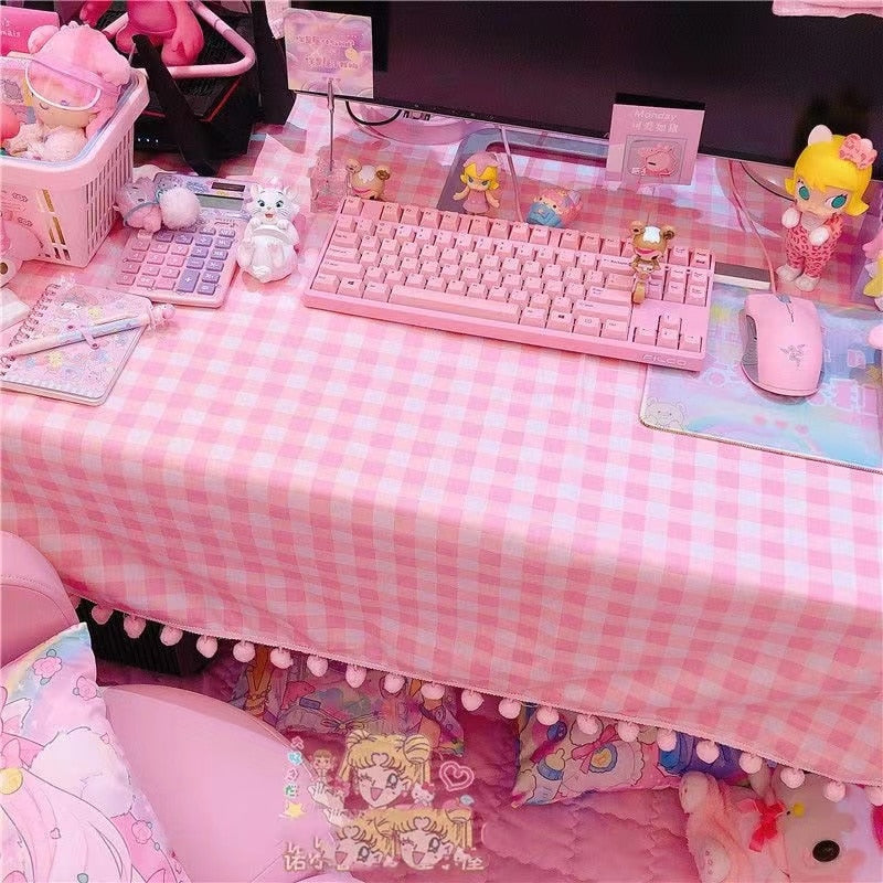 Pink Plaid Pompom Desk Tablecloth