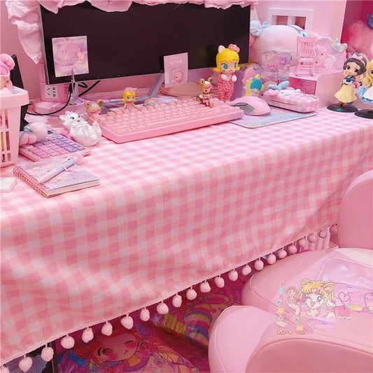 Pink Plaid Pompom Desk Tablecloth