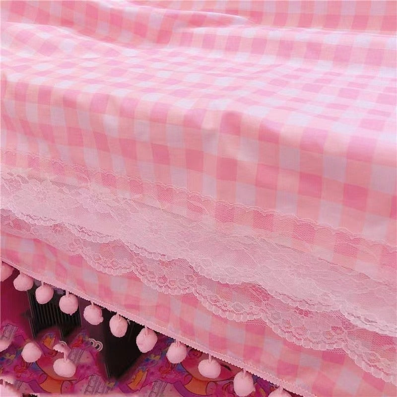Pink Plaid Pompom Desk Tablecloth