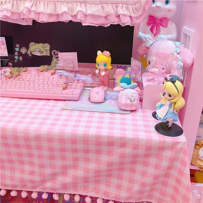 Pink Plaid Pompom Desk Tablecloth