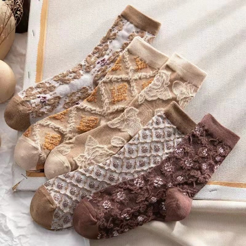 Pink Vintage Floral Sock Set Set4-Khaki style