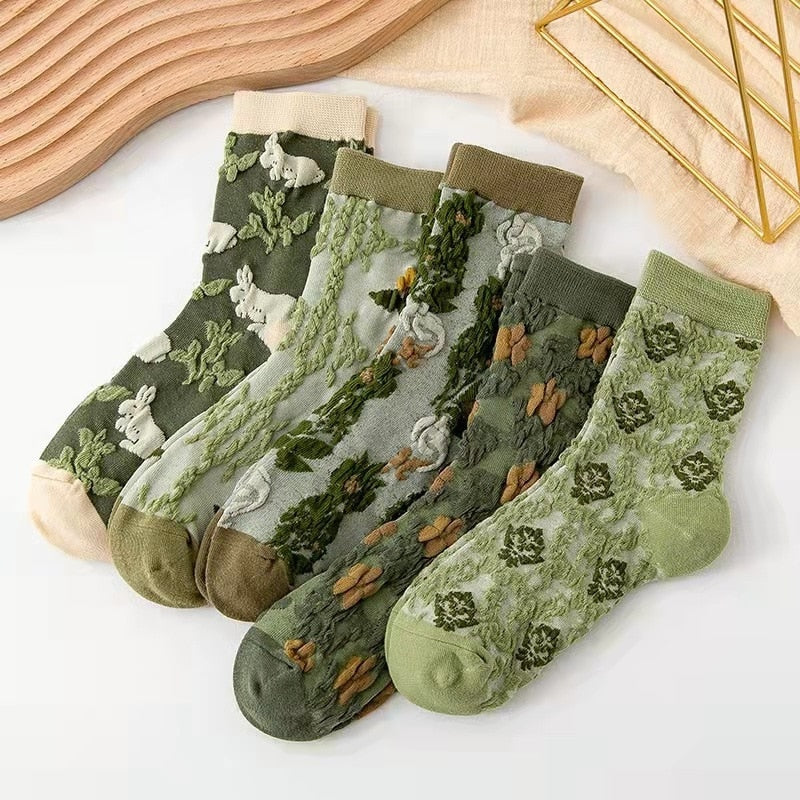 Pink Vintage Floral Sock Set Set5-Green style