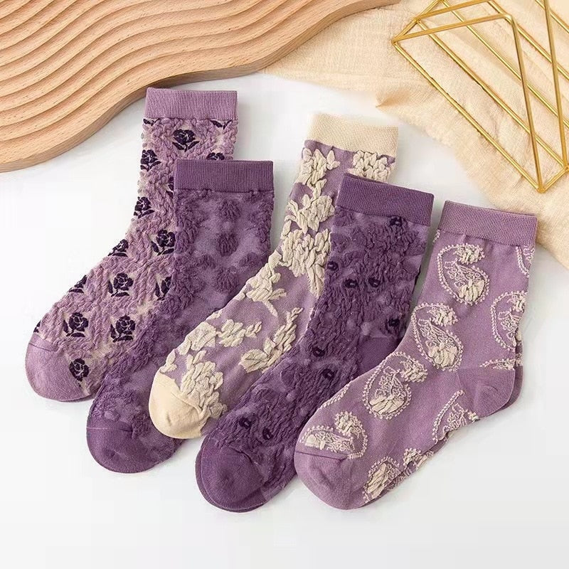 Pink Vintage Floral Sock Set Set6-purple style