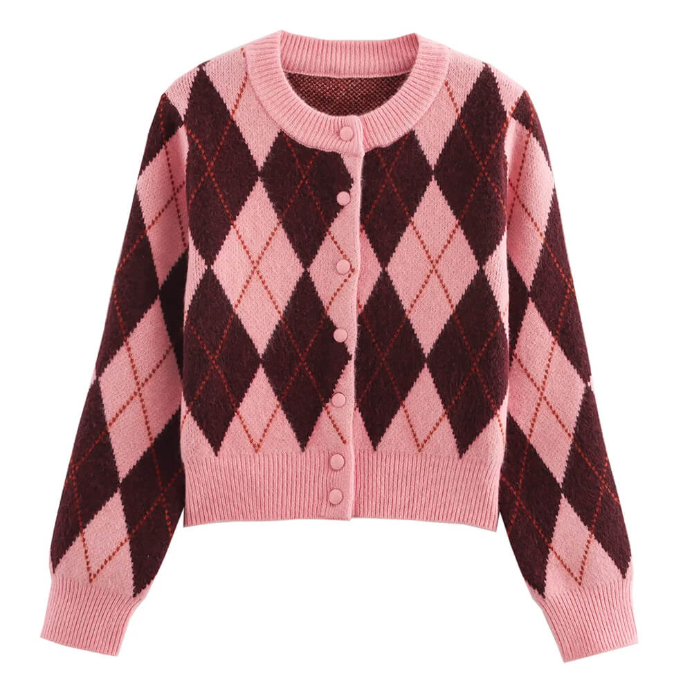 Pink & Red Argyle Pattern Cardigan Pink